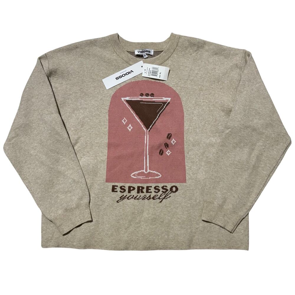 Vigoss Beige Crewneck Sweater with Pink Espresso Graphic